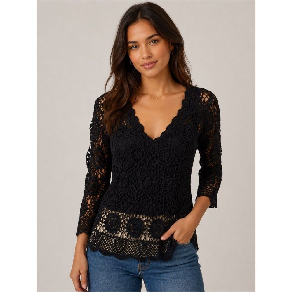 Black Crochet V-Neck Lace Blouse M Cami Boho Goth Whimsigoth Witchy Indie